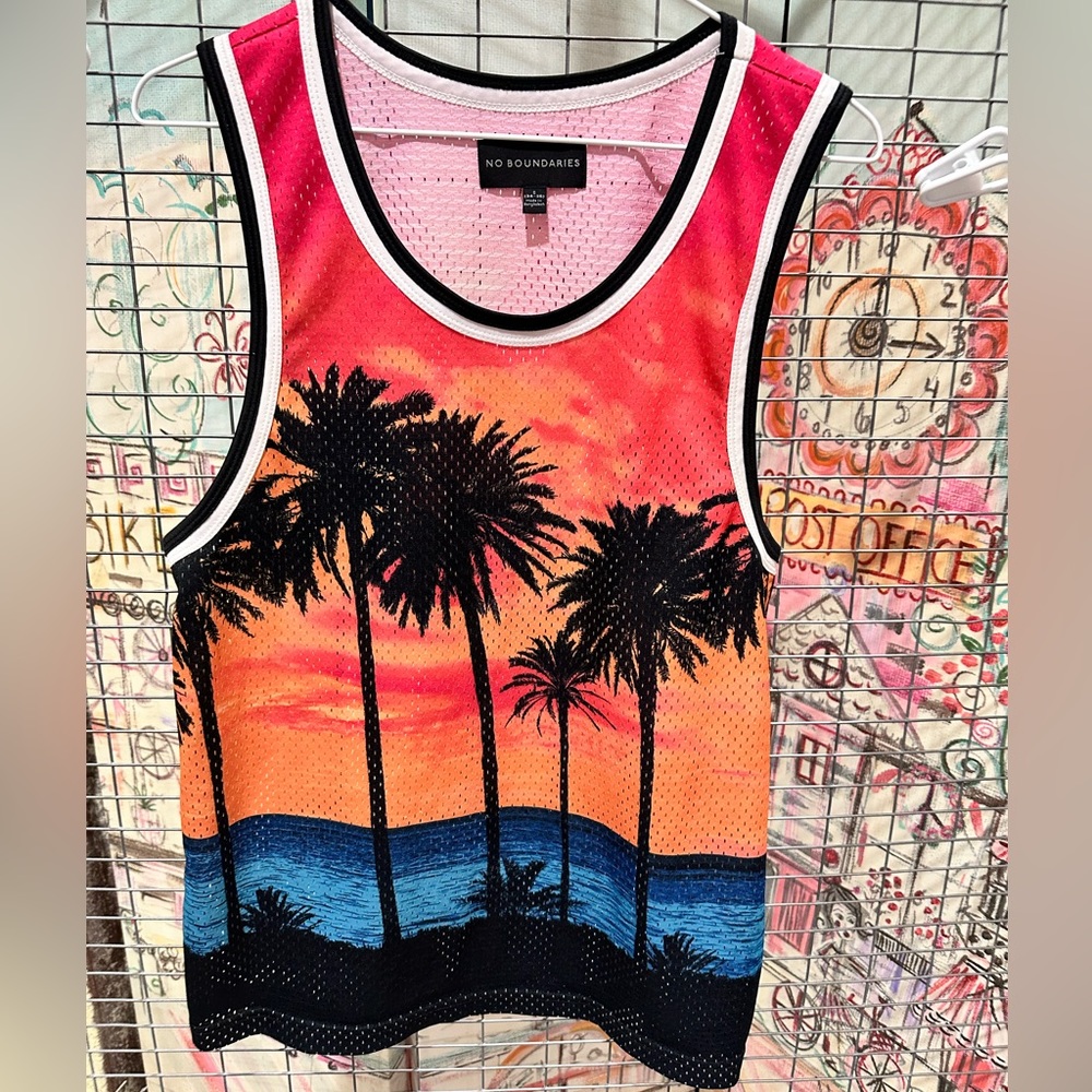 No Boundaries‎ Men's Jersey Style Top/Shirt Sunset Beach Palm Trees small 34-36